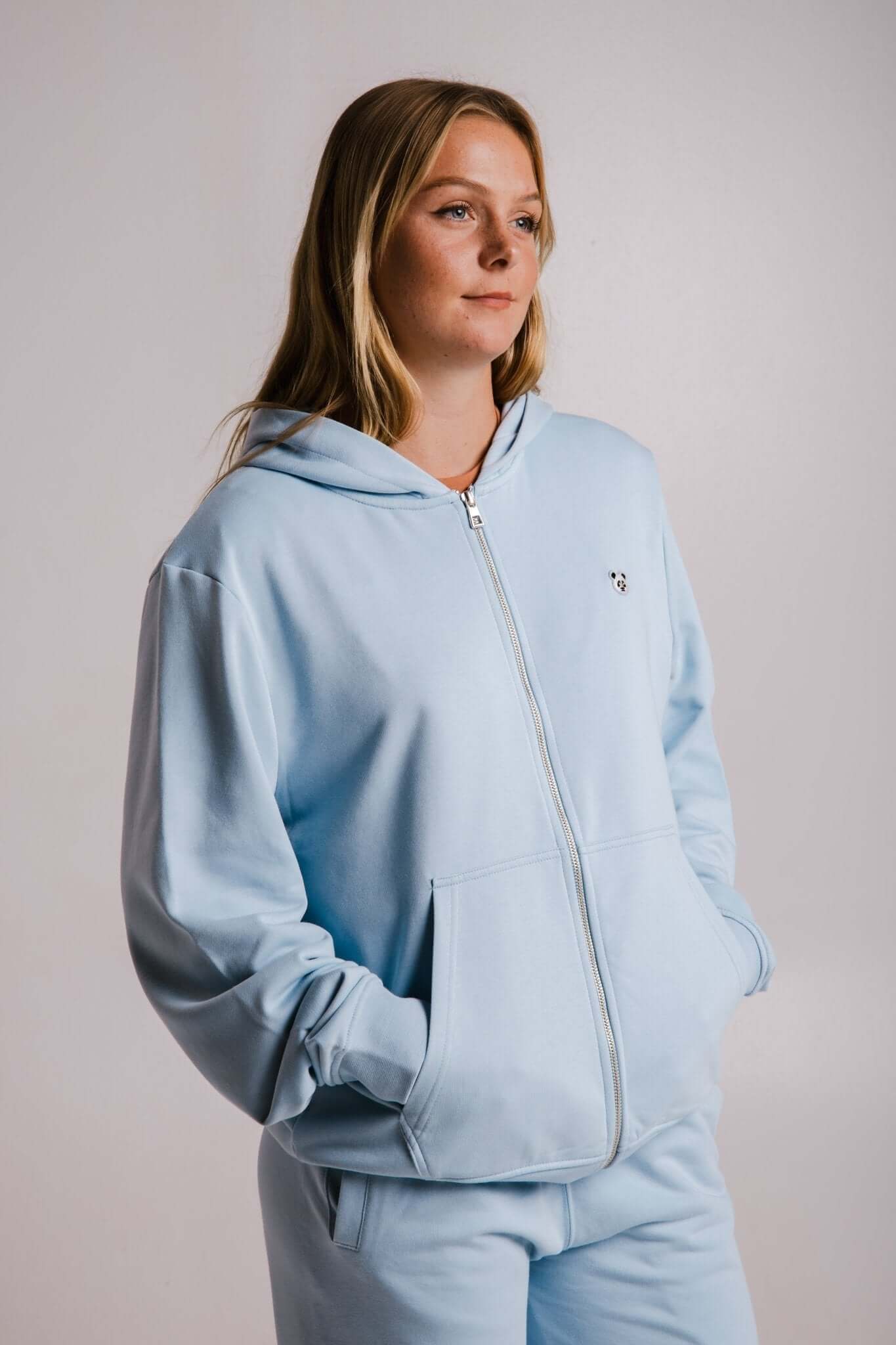 Panda Soft Fleece Full Zip Hoodie - Light Blue-The Urban Outpost