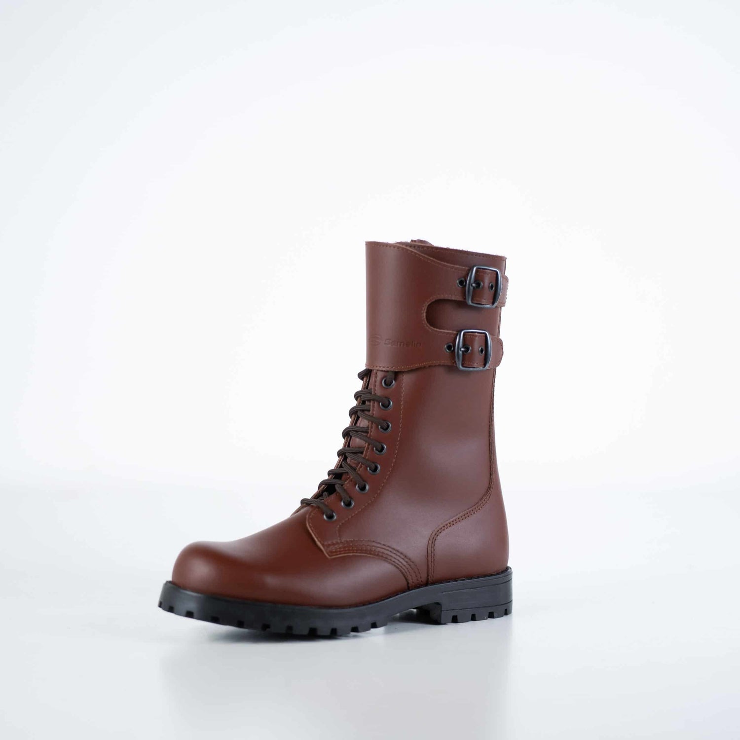 Stylish brown lace-up boots for women featuring buckle details and a sturdy sole, perfect for any casual outfit.