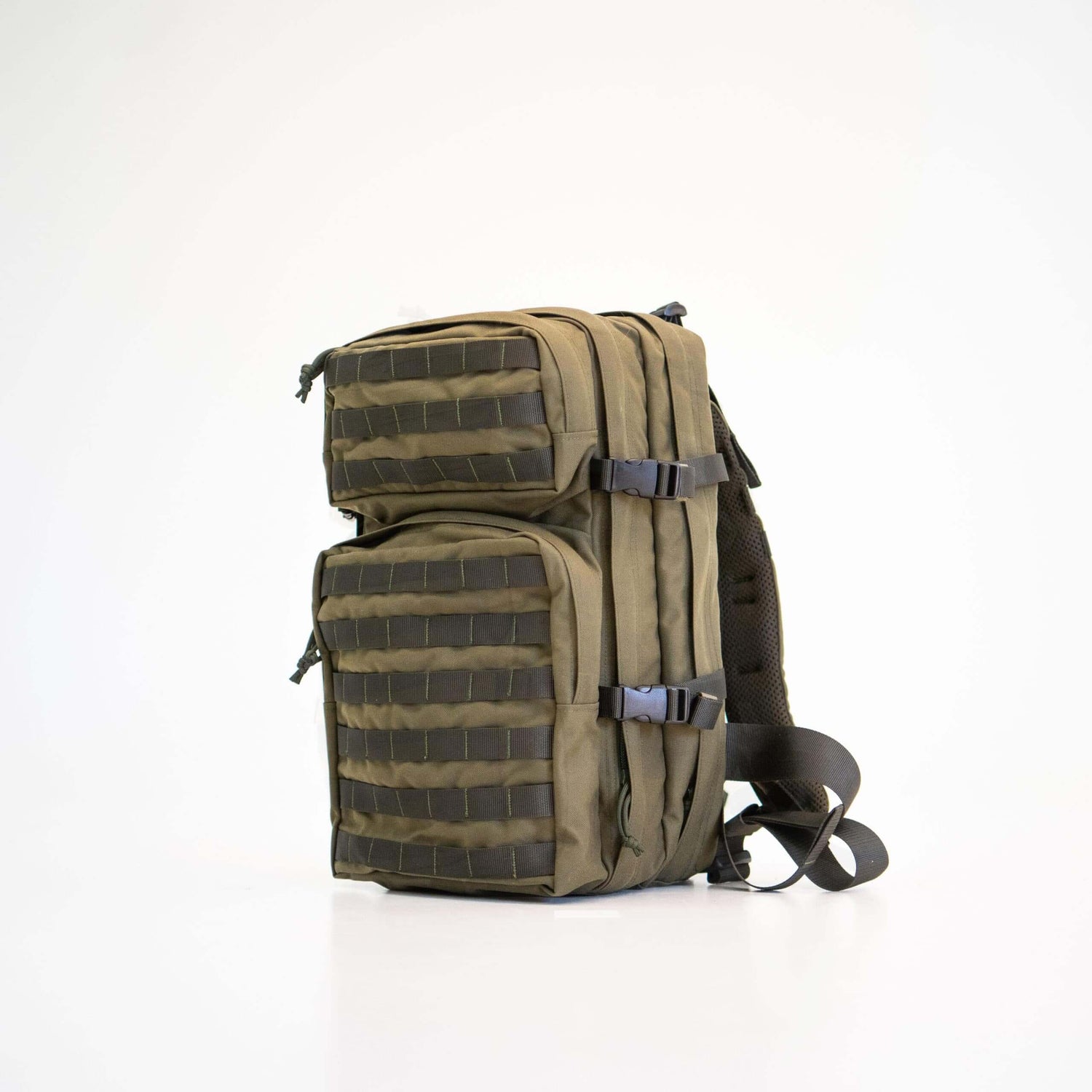 Tactical military backpack in olive green, designed for outdoor activities like hiking and hunting, made in the EU.