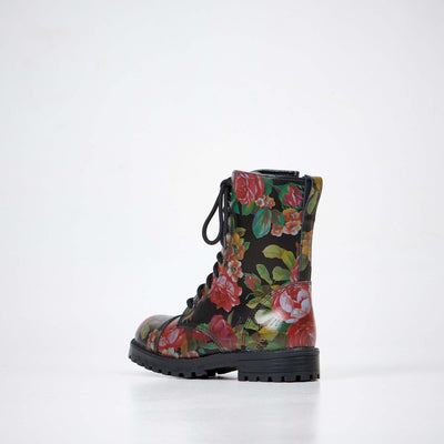 511 Red Roses unisex combat boots with floral print, handcrafted by Samelin, ideal for comfort and durability.