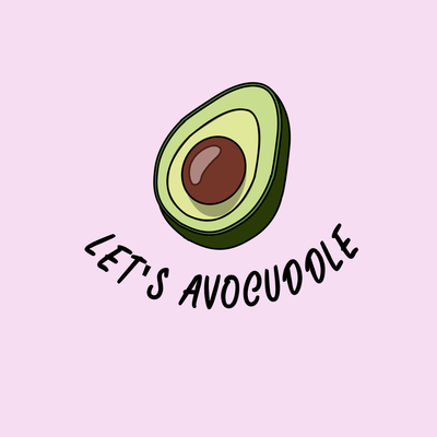 Illustration of an avocado with the text 'Let's Avocuddle' on a pink background, promoting eco-friendly themes.