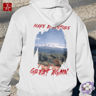 Organic cotton hoodie featuring mountain landscape and 'Make Adventure Great Again' text, perfect for outdoor enthusiasts.