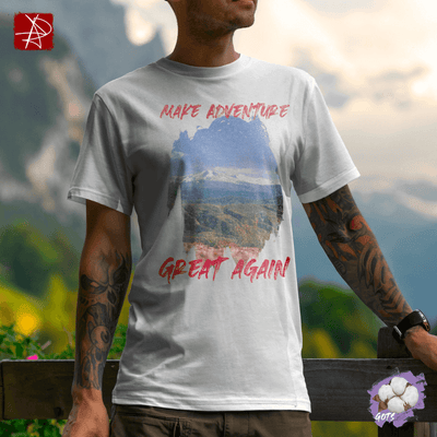 Unisex organic cotton t-shirt with 'Make Adventure Great Again' design featuring a mountain landscape.