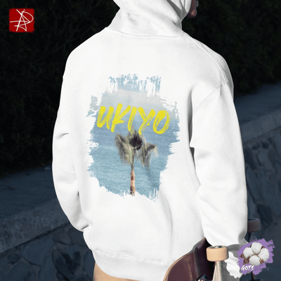 Ukiyo Organic Cotton Hoodie featuring palm tree design and vibrant yellow typography on a white background.